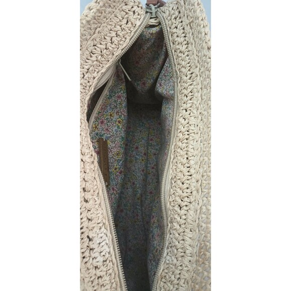 Fossil Tan Embroidered Rattan Straw Purse W/ Wooden Handles Floral Pocketbook - Picture 7 of 11